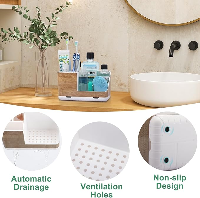 Toothbrush Holders for Bathrooms Countertop Organizer and Storage, Kids Electric Toothbrush and Toothpaste Holder, Bathroom Accessories Vanity Organizer (Wood Grain)-NeatNest