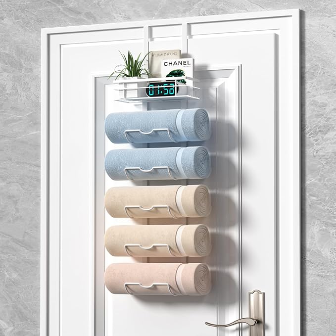 6-Tier Over The Door Towel Rack,Towel Racks for Bathroom, Metal Towel Holder with Storage Basket,Towel Rack for Rolled Towels,Bathroom Shelves,White