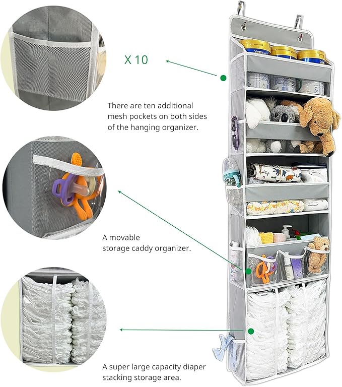 Door Hanging Storage Organizer,with 3 Bins 1 Movable Baby Diaper Caddy,1 Large capacity diaper stacking storage Organizer,10 Side Pockets ,Bedroom Door Storage for Nursery Baby Essentials.Grey 1 Pack.