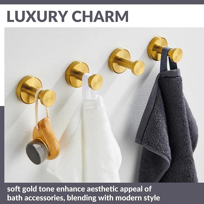 APLusee Round Robe Towel Hook 4 Pack Brushed Gold, 304 Stainless Steel Coat Utility Hook Bathroom Wall Mount