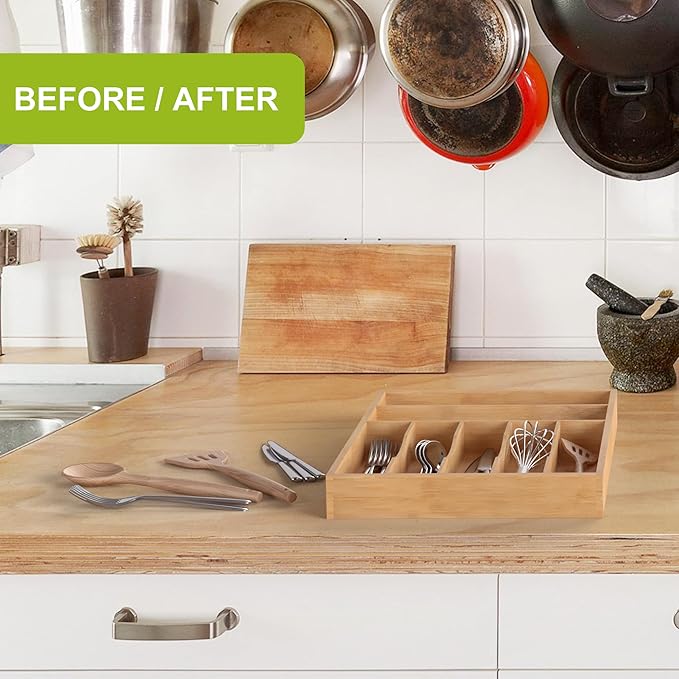 Bamboo Utensil Drawer Organizer, Silverware Tray Organizer, Kitchen Drawer Organizer for Flatware Cutlery, Silverware Tray for Drawer (brown, Large 16.5x12.3 Inch)-NeatNest