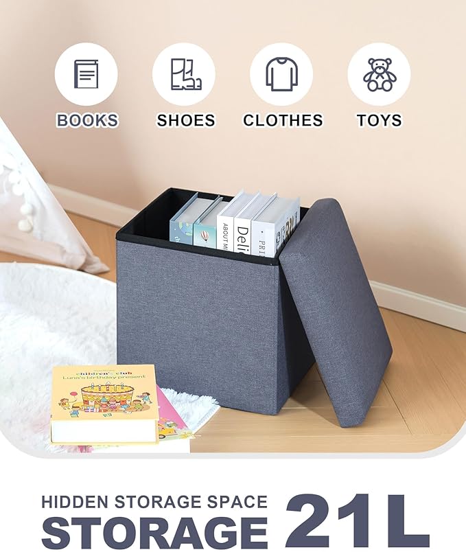 B FSOBEIIALEO Storage Ottoman Cube, Linen Small Foot Seat, for Living Room, Bedroom, Home Office, Dorm Storage Footrest Blue 11.8"x11.8"x11.8"