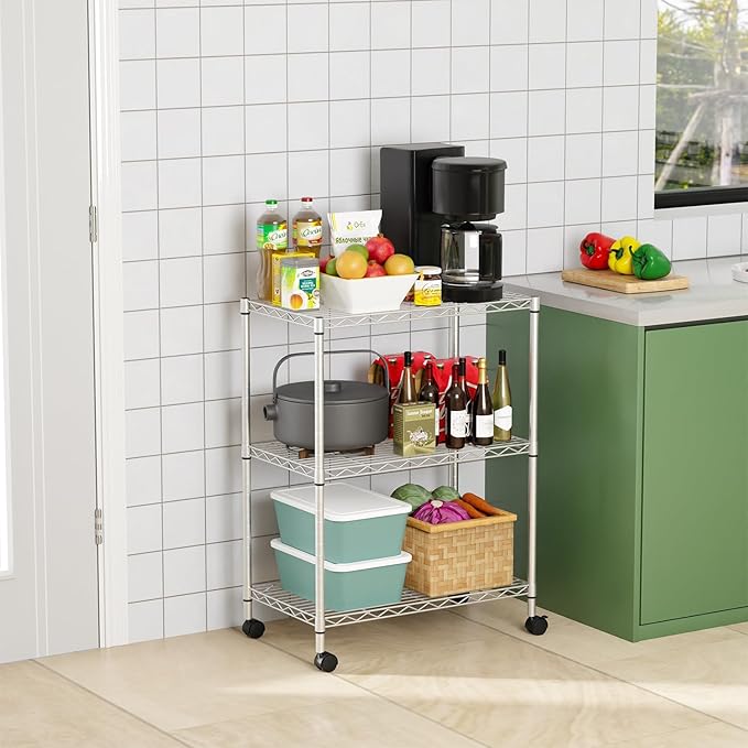 FDW 3-Shelf Adjustable,Storage Shelves Wire Shelving Shelving Unit Metal Shelves Storage Shelf with Wheels,13" D x 23" W x 31" H,Chrome