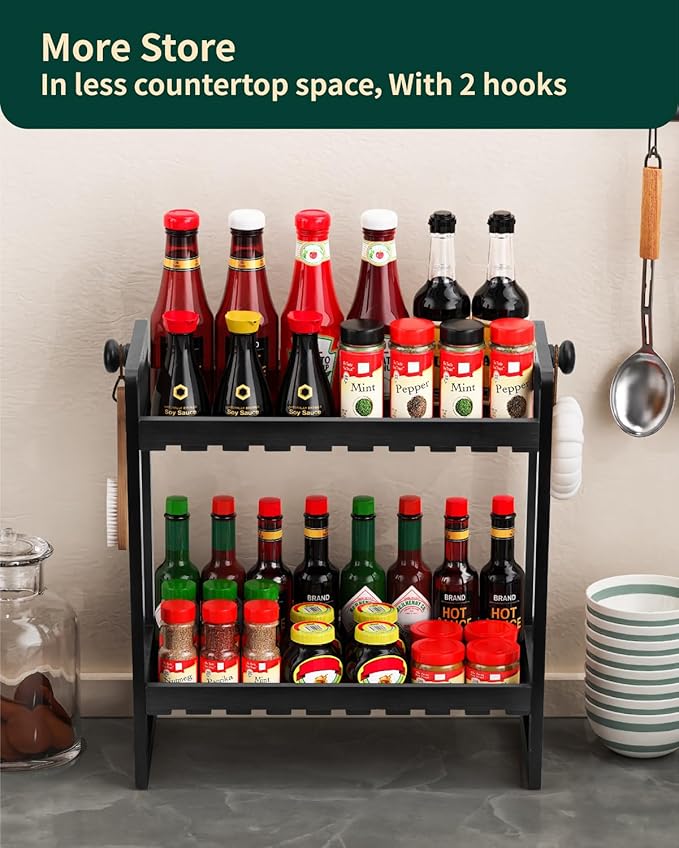 Countertop Organizer, Bamboo Spice Rack Organizer for Pantry, 2 Tier Kitchen Counter Shelf, Coffee Station Organizer,Black-NeatNest