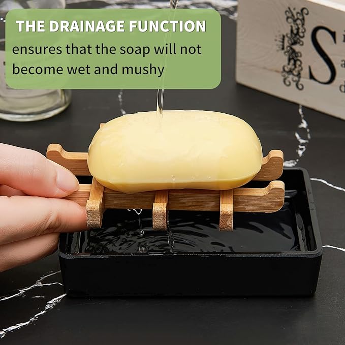 Bamboo Soap Dishes for Shower Wooden Soap Bar Holder for Bathroom Soap Tray Easy to Clean, Durable and with Non-Slip Pads(Two Black Squares)-NeatNest