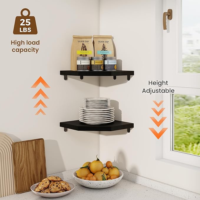 Fun Memories Corner Shelf Wall Mount, Solid Oak Wood Floating Corner Shelves with Cable Hole, 8.5in Rustic Design for Bedroom, Bathroom, Kitchen, Living Room (Black, 1 Pack)-NeatNest