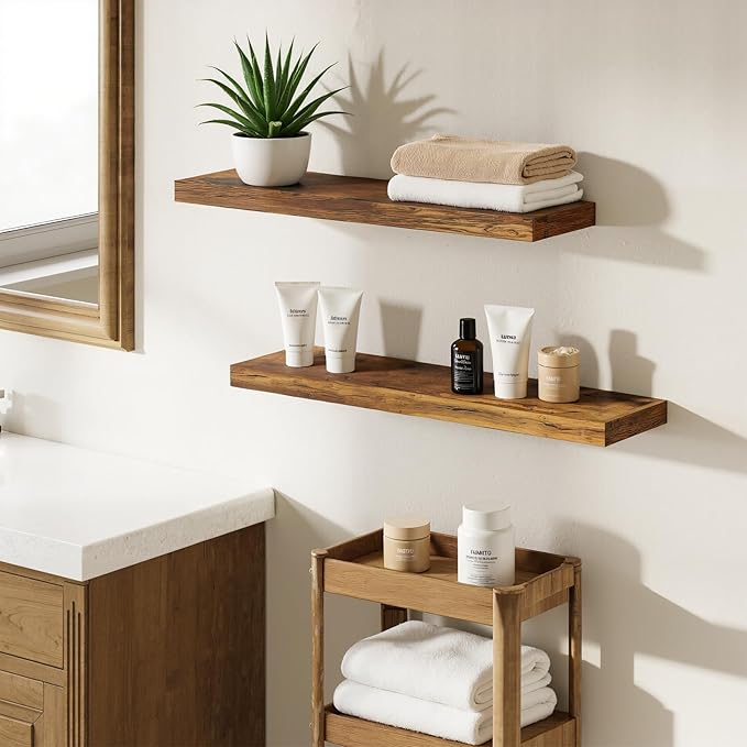 BAMEOS Floating Shelf,Wall Shelf,Decor Wall Mounted Shelves,Hanging Shelf Set L24xW6 for Bathroom Kitchen Living,Kitchen,Room Bedroom Storage, Rustic Brown-NeatNest