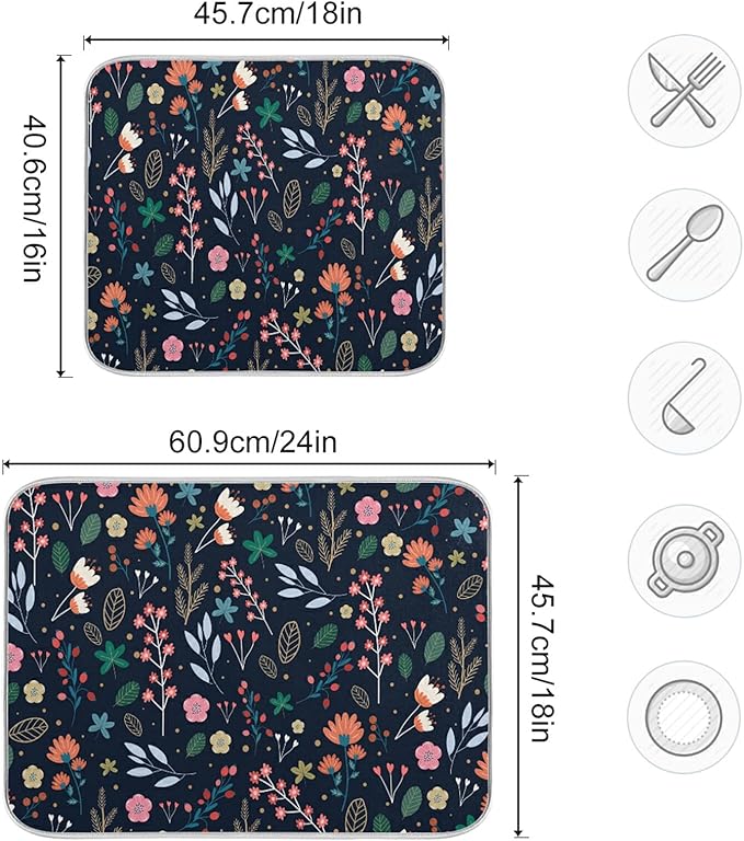 Dish Drying Mat for Kitchen Counter Colorful Flowers Black Absorbent Drying Matt for Dishes Sink Countertop 16'' x 18''