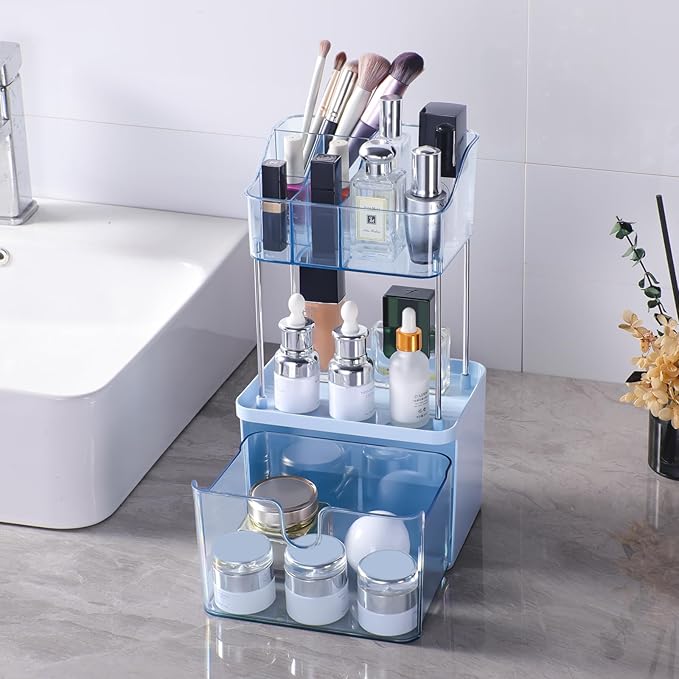 Makeup Organizer Countertop with Drawer, Bathroom Counter Organizers, Anti-Slip Dustproof Exquisite Dresser Vanity Storage for Skin Care Perfume Beauty Lipstick, Blue