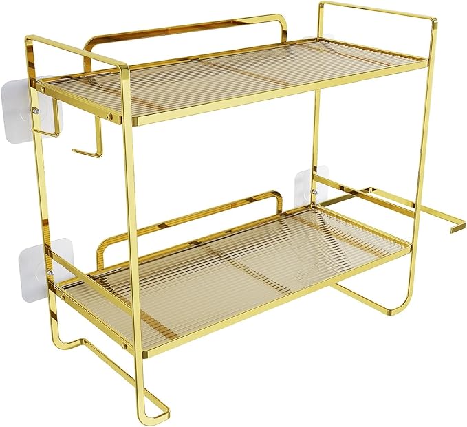 2-Tier Over Toilet Storage Rack, Gold Metal Bathroom Organizer Shelf, Toilet Tank Topper with Side Hooks (Gold, 2L)-NeatNest