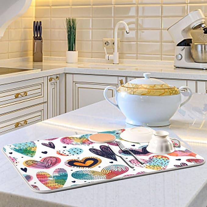Absorbent Dish Drying Mat for Kitchen Counter - Cute Hearts Colorful Microfiber Drying Pad, Reversible Drainer Mats for Countertop, Small 16" x 18"