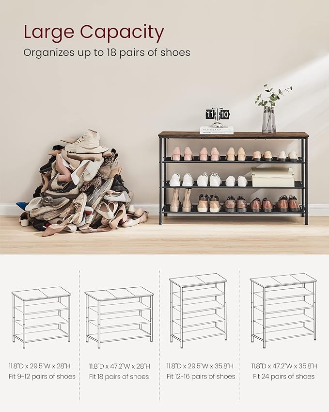 VASAGLE Shoe Rack, 4-Tier Shoe Storage Organizer for Entryway and Closet, Holds 15-18 Pairs of Shoes, 3 Fabric Shelves, Steel Frame, Industrial, Rustic Brown and Black ULBS135B01-NeatNest