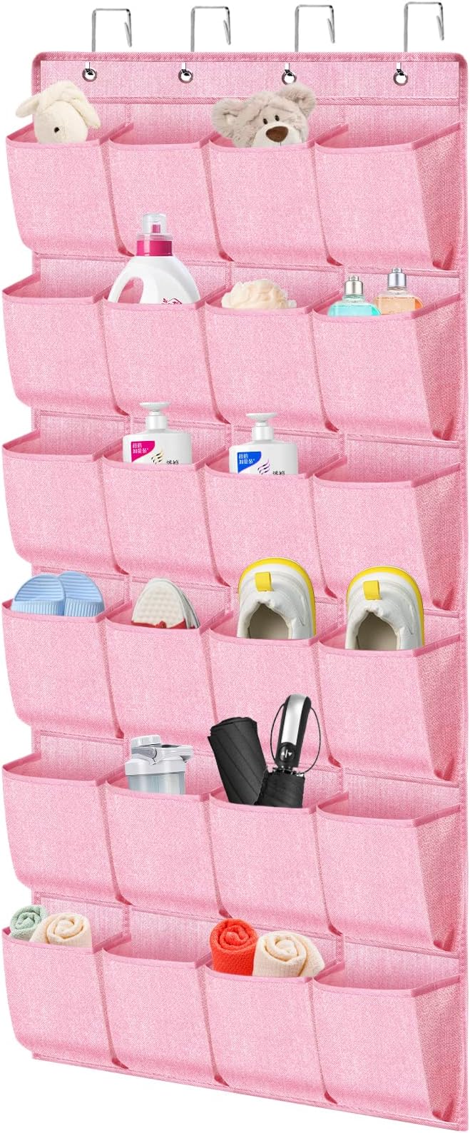 Pink Shoe Organizer Over the Door for Girls Women Kids Room,Hanging Shoe Rack Organizer for Closet Door,Zapateras Storage Holder with 24 Large Pockets & 4 Sturdy Hooks for Shoes,Slippers-NeatNest