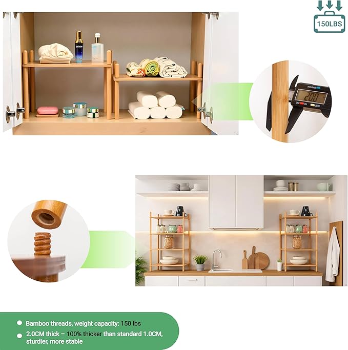Bamboo Rack | Tool-Free Expandable (2-6 Tiers) | Kitchen Spice Organizer & Office Breakroom Snack/Cup Storage (Natural Bamboo)(Powered by Gogogo) (Natural, 15.6" W(4 Tier))-NeatNest