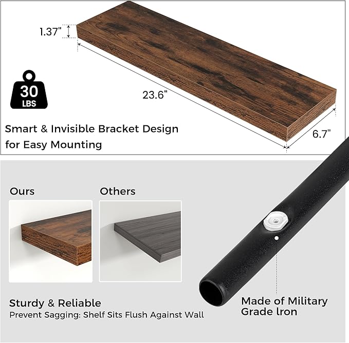 Floating Shelves for Wall, 24"W x 6.7"D x 1.4"H, 2 Pack of Long Wall Mounted Engineered Wood Shelves with Invisible Brackets for Living Room Bedroom Bathroom Kitchen Decor Storage, Rustic Brown-NeatNest