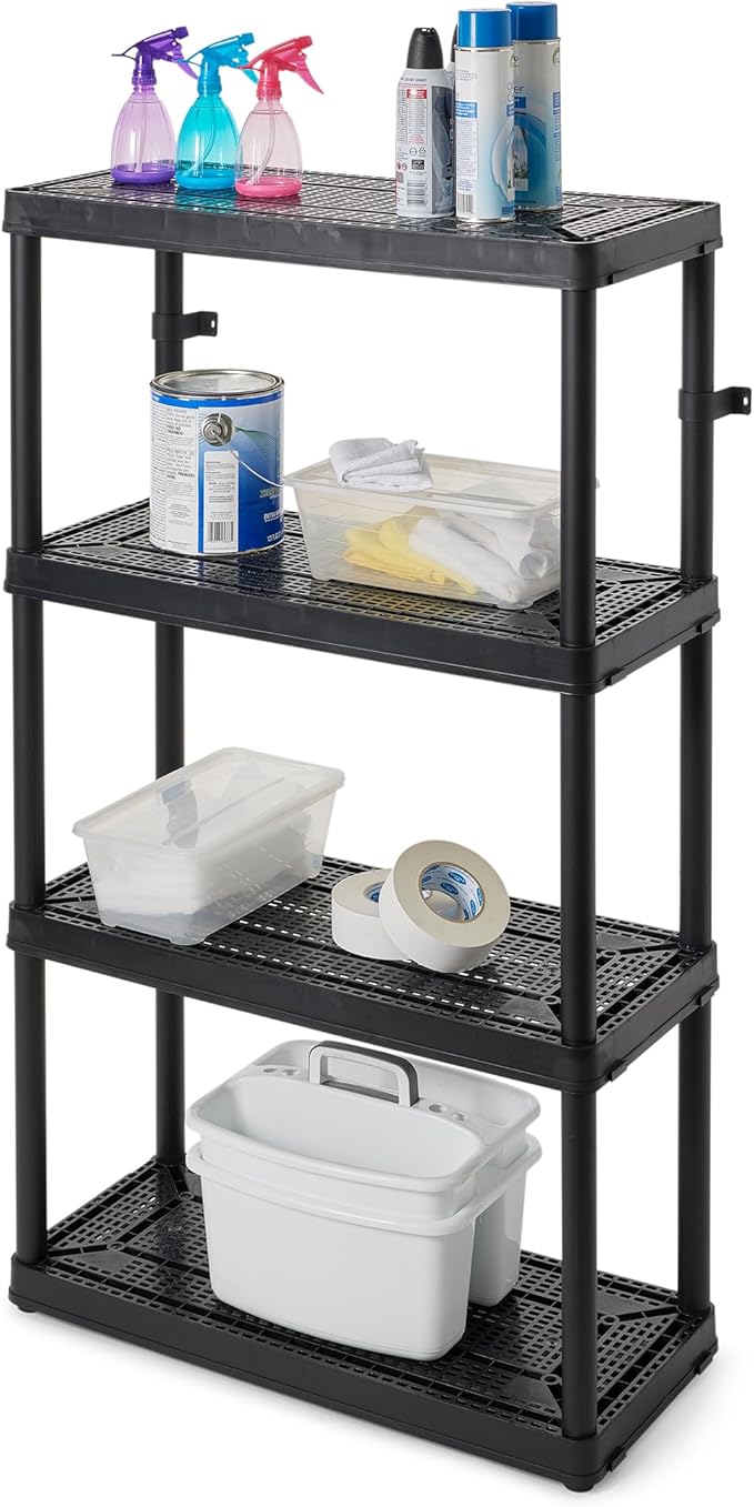 Gracious Living 4 Shelf Fixed Height Ventilated Medium Duty Storage Unit 14 x 32 x 54.5" Organizer System for Home, Garage, Basement, & Laundry, Black