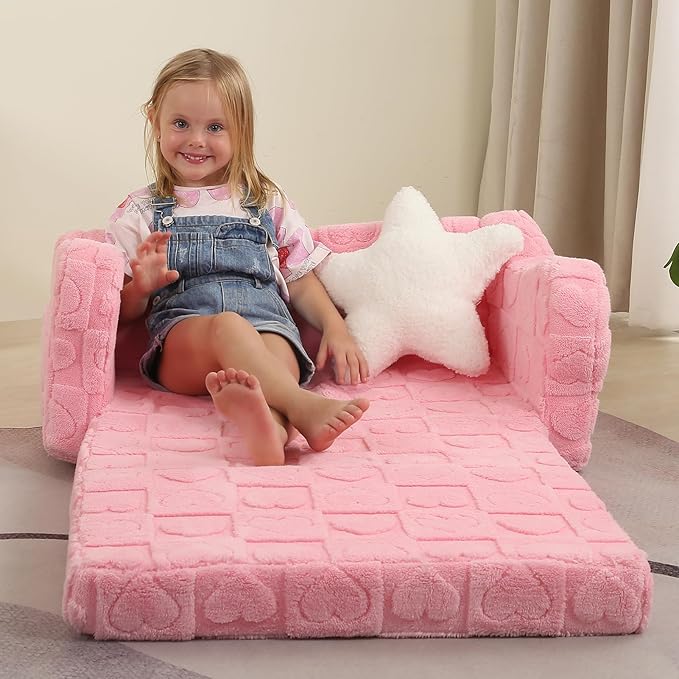 Extra Wider Seating Toddler Couch, 2-in-1 Toddler Soft Couch Fold Out with Star Pillow, Convertible Sofa to Lounger for Girls and Boys, Pink Heart-NeatNest