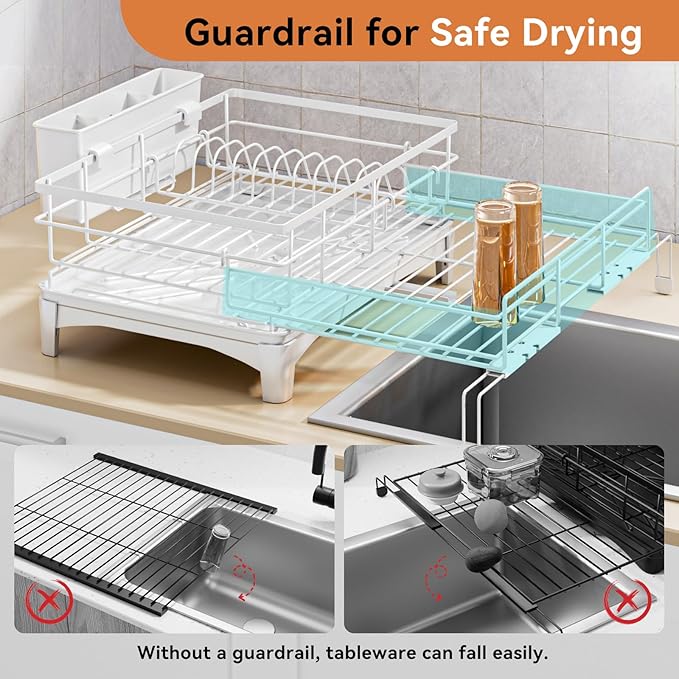 Dish Drying Rack - Expandable Rack, Large Capacity Dish Drainer for Kitchen Counter, Rust-Proof with Utensil Holder, White