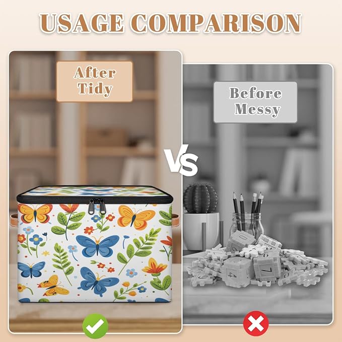 Boho Butterfly Storage Bins with Zipper Lid, Spring Plant Lidded Storage Baskets Boxes Foldable Organizer with Leather Handles for Clothes Closet Shelf Toys-NeatNest