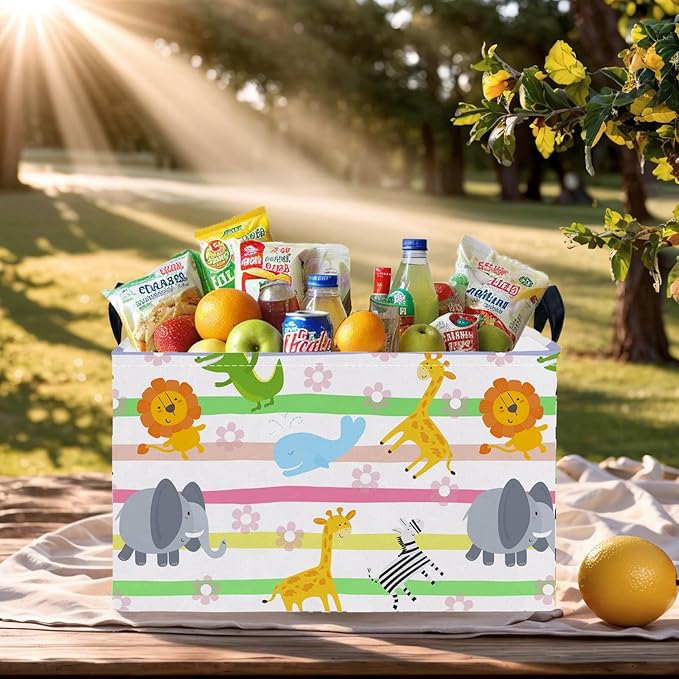 Cute Rectangle Woodland Animal Baby Girl Basket Nursery Playroom Bedroom Decor Clothes Toy Basket (Colorful Animals)-NeatNest