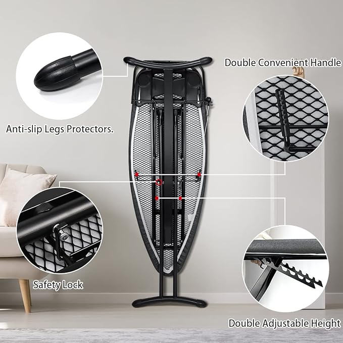 Duwee Steel Top Extra Wide Ironing Board with Sleeve Board and Adjustable Iron Rest, Luxury Foldable Ironing Boards with 10 mm Thicken Feltpad and Cover, Adjustable Height,18"x48"