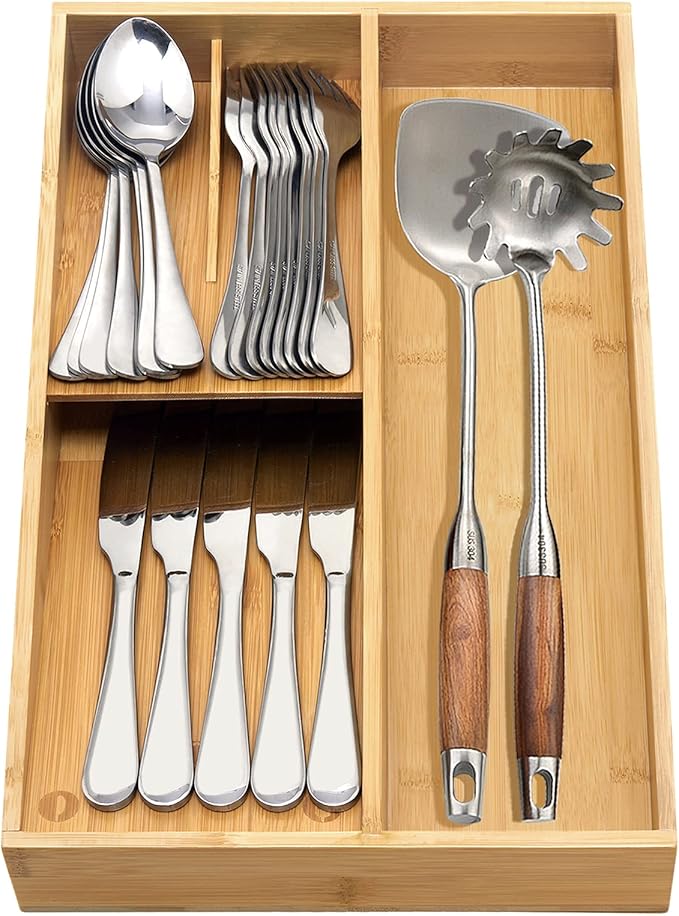 Bamboo silverware tray organizer, Utensil Holder and Cutlery Tray for Drawer, Kitchen Drawer Organizer Divider for Spoons Forks Knives-NeatNest