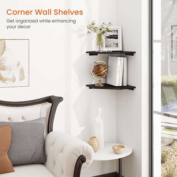 Homode Corner Shelf Wall Mount, Set of 2 Corner Floating Shelves with Wire Hole for TV, Cable Box, Wood Hanging Storage Shelf Organizer for Bathroom Kitchen Living Room Bedroom, Black-NeatNest