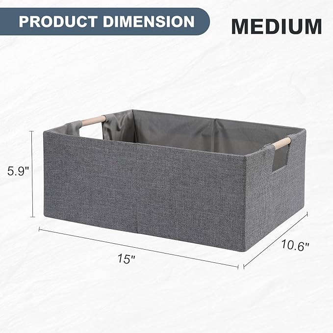 ANMINY 2PCS Storage Baskets for Organizing Collapsible Fabric Storage Bins Boxes with Wood Handles Closet Shelves Cube Organizer Bins Clothes Laundry Storage Container - Medium, Gray-NeatNest