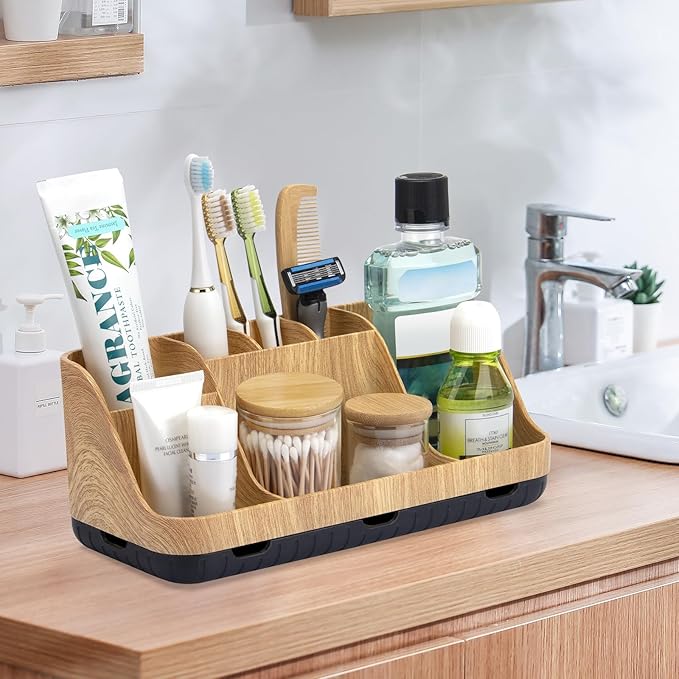 Bathroom Organizers and Storage - Detachable 7 Slots Kids Electric Toothbrush and Toothpaste Holde Drainage for Bathroom Accessories Organization Counter Vanity Storage, Wood-NeatNest