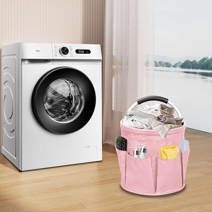 Qivine 17L Cleaning Caddy with Handle, Cleaning Supply Caddy Foldable Tool Bag Cleaning Products Organizers Portable Cleaning Bucket Organiser for Storing Towels (Pink)