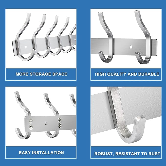 AZW Coat Rack Wall Mount,Heavy Duty Stainless Steel Metal Coat Hooks Hanging for Robes Bags Keys Hat Clothes and Bathroom Door Towels Hanger(Brushed Silver Nickel 6 Hooks-NeatNest