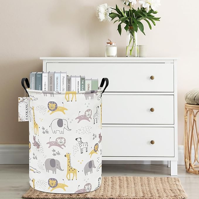 FANKANG Storage Basket, Nursery Hamper Canvas Laundry Basket Foldable with Waterproof PE Coating Large Storage Baskets for Kids Boys and Girls, Office, Bedroom, Clothes,Toys(Lovely Animals)