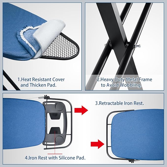 Duwee 18"x48" Deluxe Ironing Board with Retractable Iron Rest,Extra Wide Ironing Board Thicken Steel Top Board,with Sleeve Board,Adjustable Height,T Leg Foldable
