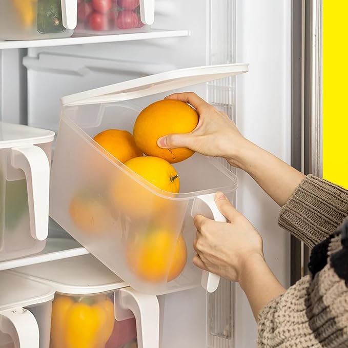 MineDecor 4 Pack 4.5L Plastic Storage Containers Square Food Storage Organizer Stackable Refrigerator Organizer Handle Kitchen Containers with Lids for Fruits Vegetables Meat Egg
