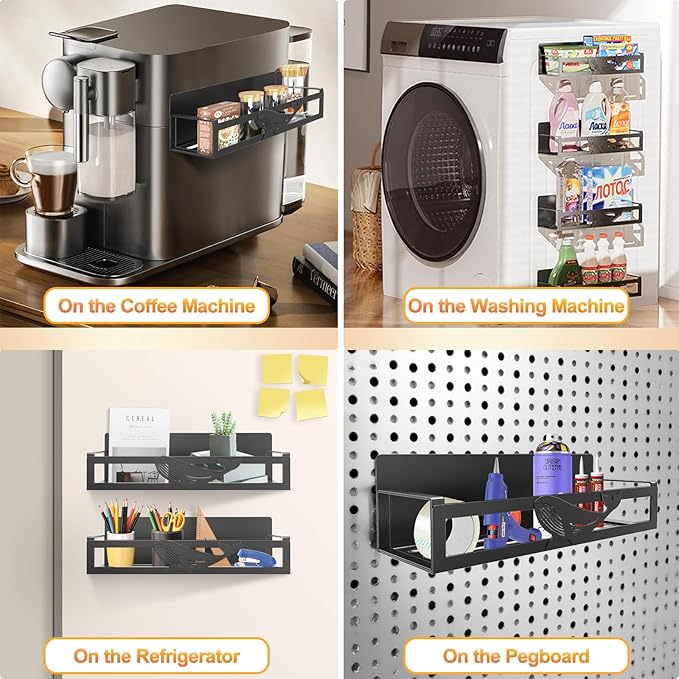 Magnetic Spice Rack for Refrigerator, 4-Pack Metal Seasoning Organizer for Kitchen Storage Organization, Magnetic Shelf for Fridge Space Saving Spice Organizer, Black