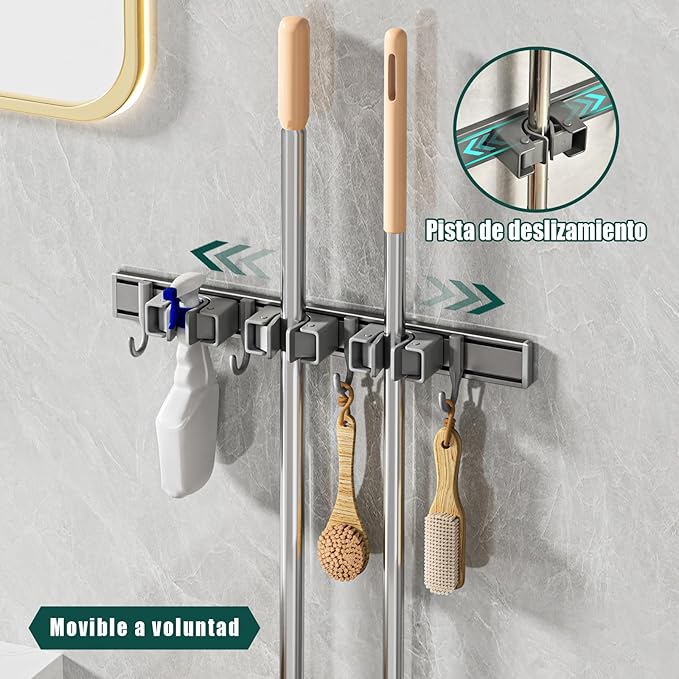 Broom Holder Wall Mount Movable Hooks and Clips Mop and Broom Hanger Wall Mounted Aluminum Garage Tool Organizer Storage adhesive (40cm, Grey)-NeatNest