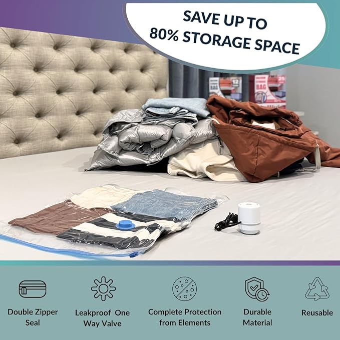 12 Pack Vacuum Storage Bags with Electric Pump, Compression Space Saver for Comforters, Bedding, Blanket Storage, Vacuum Seal Bags for Clothing, Luggage and Closet Organizer,-NeatNest