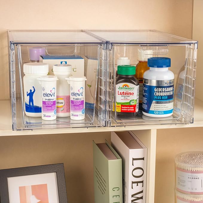 1Pack Large Stackable Storage Drawers,Clear Acrylic Organizers with Handle,Easily Assemble for Kitchen Undersink,Bathroom,Cabinet,Makeup,Closet,Medicine,Pantry Organization Bins-NeatNest