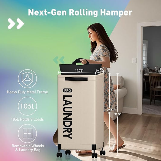 Caroeas Next-Gen 105L Matel Frame Laundry Basket with wheels, Heavy Duty Tall Rolling Laundry Hamper with Removable Wash Bag, Collapsible Freestanding Clothes Hamper (100L,Beige,2Pack)-NeatNest
