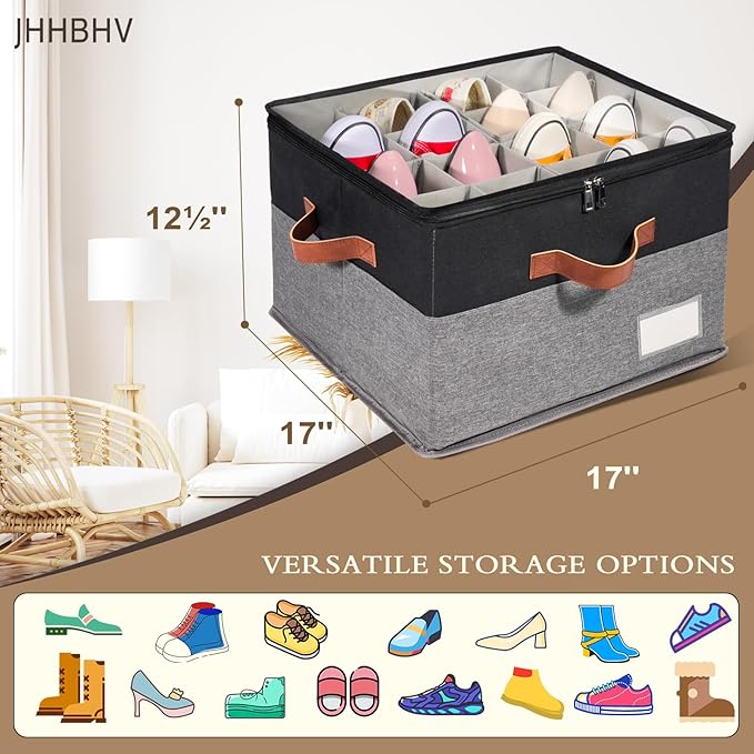 1 Pack Shoe Organizer for Closet, Adjustable Shoe Box Storage Containers, Large Foldable Shoe Bins with Clear Cover, Space Saving Shoes Holder with 4 Handles, Fits 8-16 Pairs, Black-NeatNest