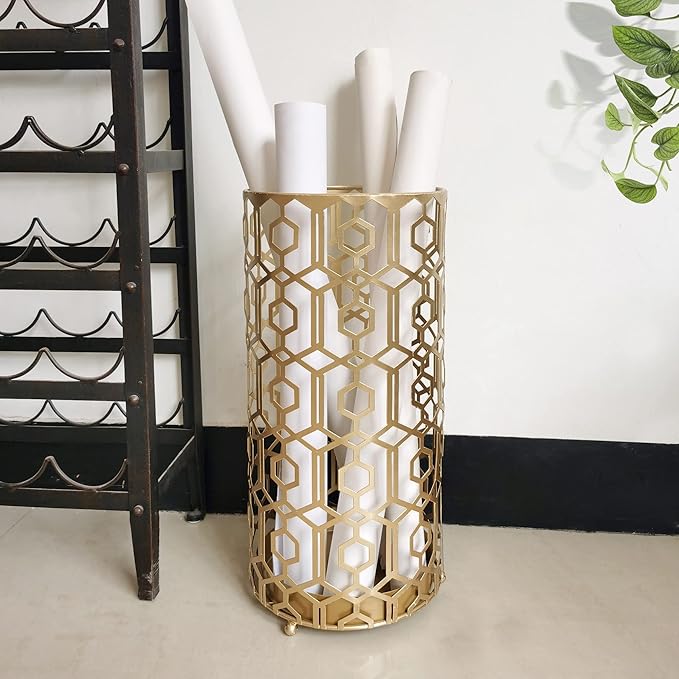 Adeco Metal Umbrella Stand Rack Holder Organizer Entryway Freestanding, for Canes, Walking Sticks, Gold Color