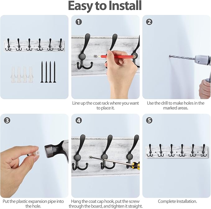 Coat Rack Wall Mount, Wooden Heavy Duty Coat Rack for Wall,6 Triple Coat Hanger Hooks for Hanging Coats,Jacket,Hat,Clothes (Grey White, 6 Hooks)-NeatNest