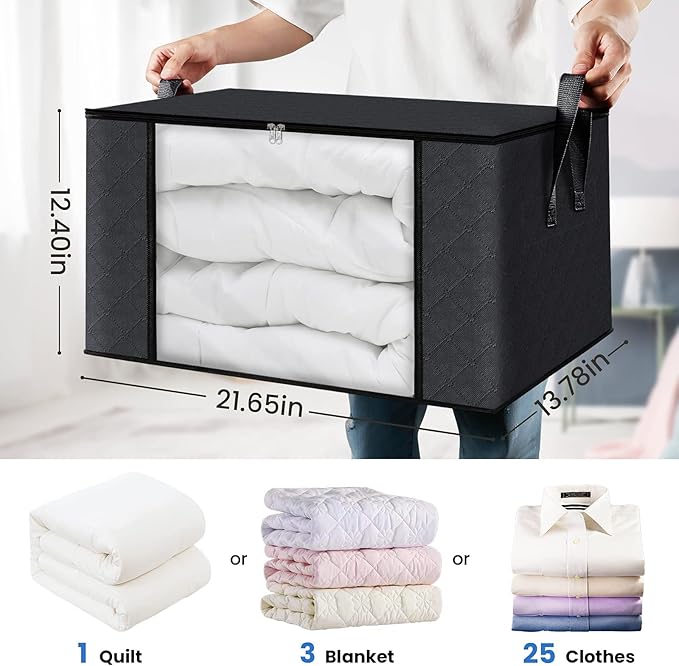 Fab totes 4 Pack Clothes Storage, Foldable Thick Fabric Blanket Storage Bags, Containers for Organizing Bedroom, Closet, Clothing, Comforter,Closet Organization with Handle,Black-NeatNest