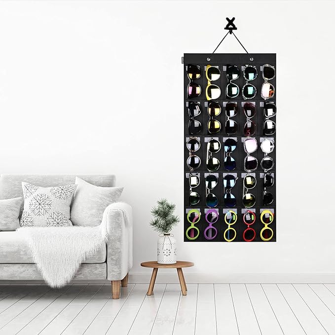 AROUY Sunglasses Organizer Storage, Hanging Wall Pocket Glasses Organizer - 25 Felt Slots Sunglass Organizer Holder Eyeglass Display with Sturdy Rope (Black, Large)-NeatNest