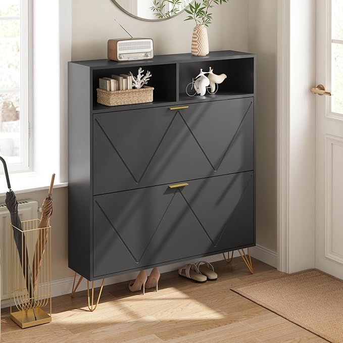 Shoe Cabinet with 2 Flip Drawers, Black Shoe Organizer Cabinet for Entryway Slim, Hidden Shoe Storage with Open Shelf & Metal Legs, Freestanding Tipping Bucket Shoe Rack Cabinet-NeatNest