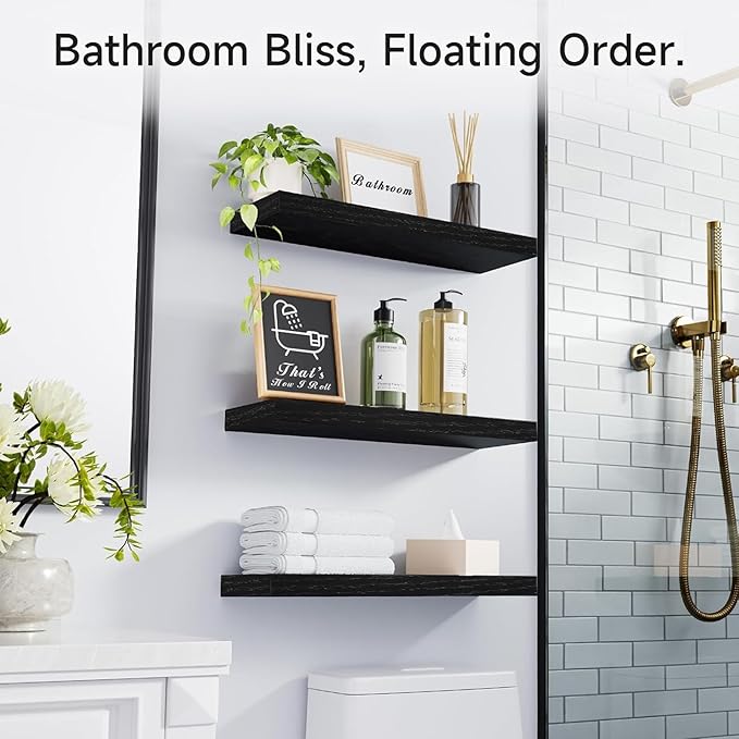 BAYKA Floating Shelves for Wall, Wall Mounted Rustic Wood Shelves for Bathroom, Bedroom, Living Room, Kitchen, Hanging Shelf for Books/Storage/Room Decor with 22lbs Capacity (Black, Set of 3, 15.7in)-NeatNest