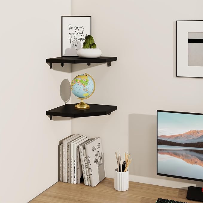 Fun Memories Corner Shelf Wall Mount, Solid Oak Wood Floating Corner Shelves with Cable Hole, 8.5in Rustic Design for Bedroom, Bathroom, Kitchen, Living Room (Black, 1 Pack)-NeatNest