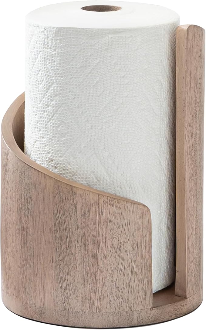 Anji Mountain Paper Towel Holder Countertop with Mango Wood Round Base and Iron Holder,Holder Stand for Kitchen Roll Organize,Wooden Paper Towel Holder for Kitchen Dining Table Home Decor