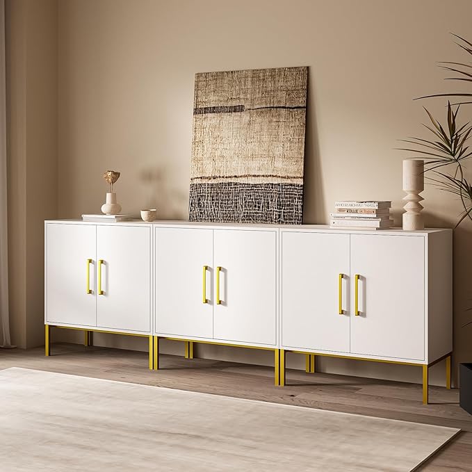 JOZZBY Set of 3 Storage Cabinet, Sideboard Buffet Storage, Modern Living Room Cabinet, White Side Cabinets for Bedroom, Kitchen, and Hallway