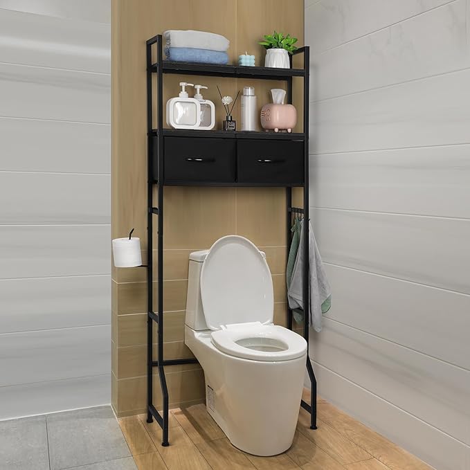 ETELI Over The Toilet Storage Bathroom Cabinet 3 Tier Freestanding Over Toilet Storage Cabinet Shelf Space Saving Behind Above Toilet Bathroom Organizer with Fabric Drawers, Black